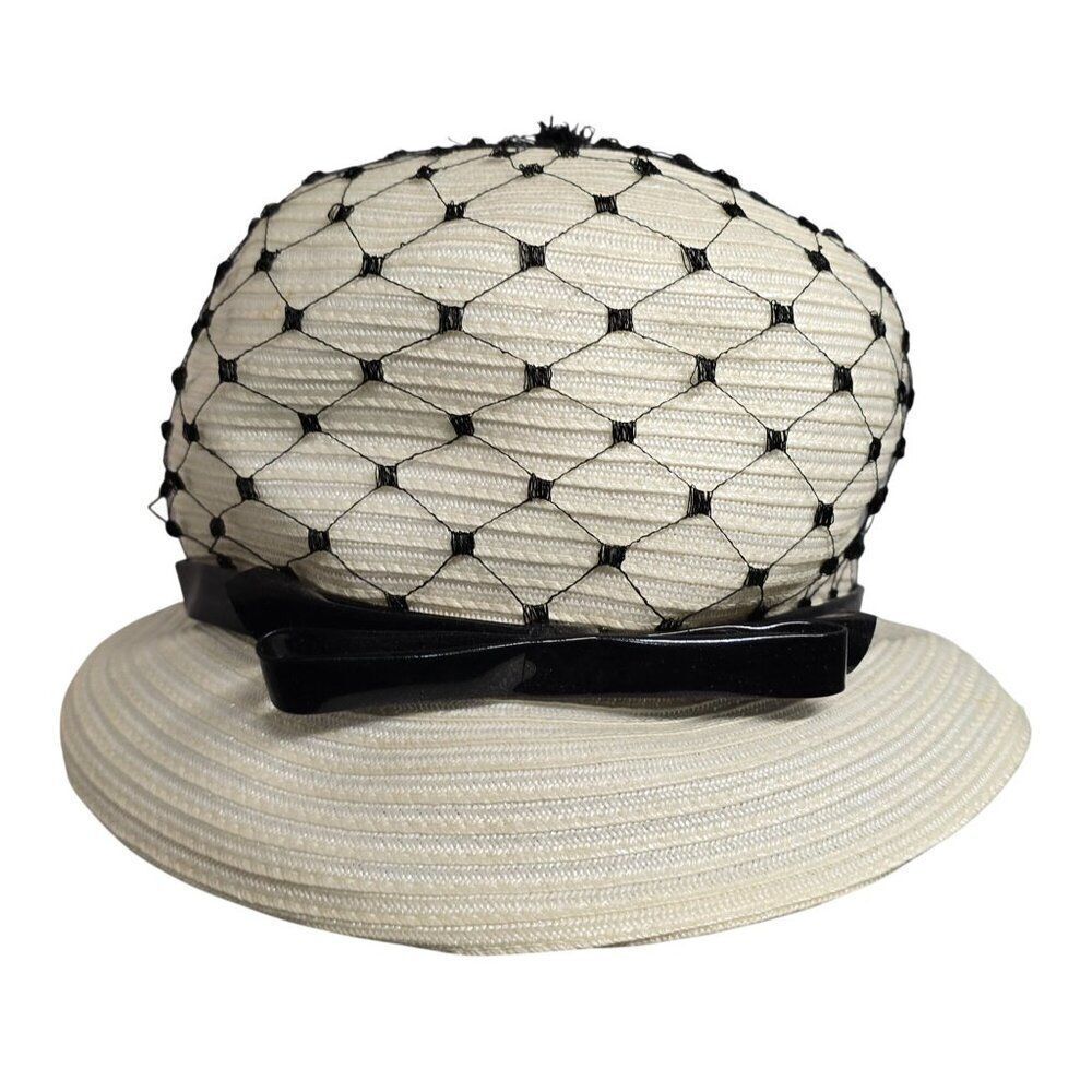 Vintage White Cloche Hat With Black Netting & Bow church hat easter